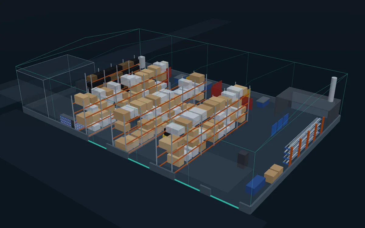 3D model of a manufacturing business's workshop, seen from above